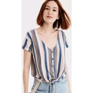 American Eagle Button up Crop Striped Tie Front V-neck top Multicolor Size S